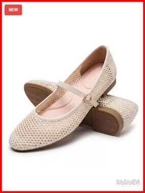 Glue-Free Hand-Stitched Mesh Ballet Flats with Buckle Strap, Machine Washable